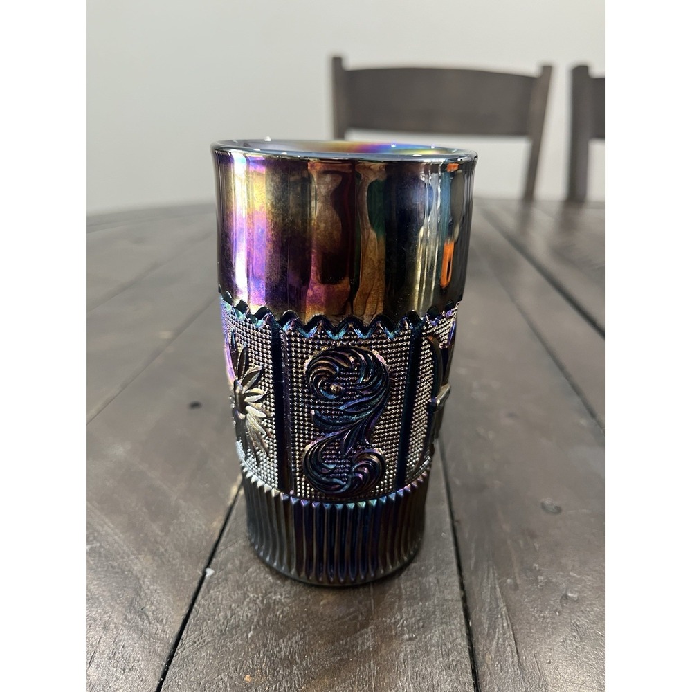 Westmoreland Amethyst Carnival‎ Glass Tumbler Flower Feather Spike Iridescent